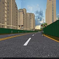 Urban Road Infrastructure With Green Fences Yellow White Lane Markings And Street Lamps