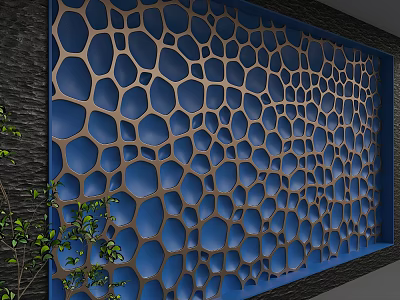 Modern Interior Feature Wall With Blue Honeycomb Pattern And Gold Accents With Green Plants 3d model