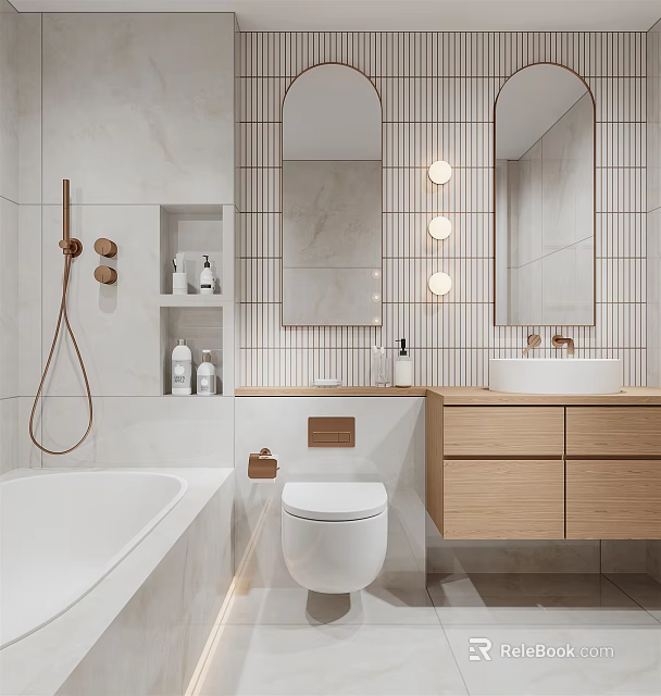 Modern Bathroom Interior Design With Freestanding Bathtub Toilet Wooden Vanity And Mirror Lighting 3d model 