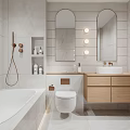 Modern Bathroom Interior Design With Freestanding Bathtub Toilet Wooden Vanity And Mirror Lighting