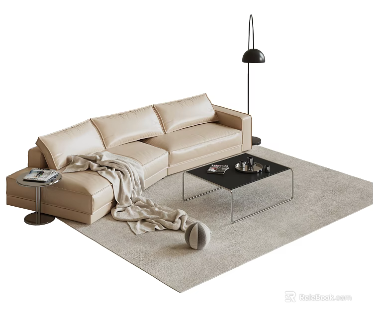Beige Leather Sofa and Black Glass Coffee Table Set With Area Rug and Throw Blanket 3d model 