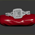 Elegant Silver Ring With Square Transparent Gemstone And Small Diamonds On Red Cushion 3d model