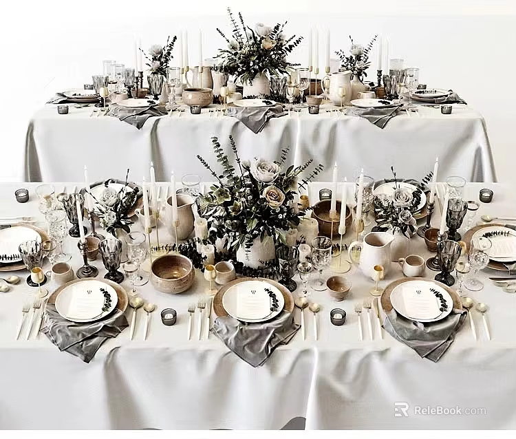 Elegant Dinnerware Set In Formal Table Setting With Florals And Glassware 3d model 