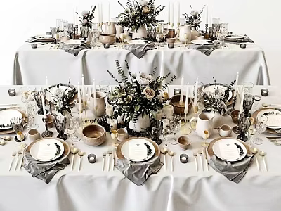 Elegant Dinnerware Set In Formal Table Setting With Florals And Glassware 3d model