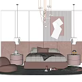 Soft Pink Double Bed Interior With Round Side Tables And Hanging Lamps