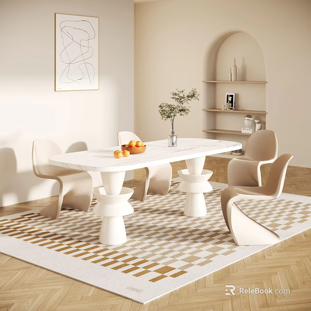 Modern Dining Table Set with White Sculptural Legs and Beige Minimalist Chairs on Checkered Rug 3d model 