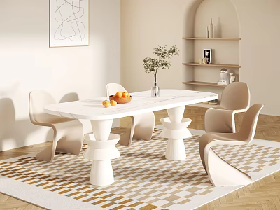 Modern Dining Table Set with White Sculptural Legs and Beige Minimalist Chairs on Checkered Rug 3d model