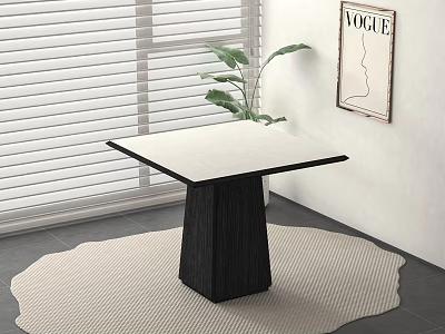 Square White Dining Table With Black Base On Light Woven Rug Green Plant VOGUE Poster 3d model