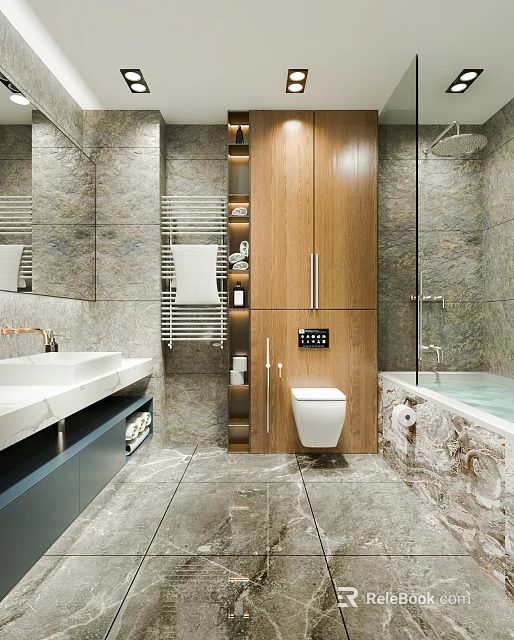 Modern Bathroom Interior Design With Marble Walls Wooden Cabinetry Vanity Mirror And Bathtub 3d model 