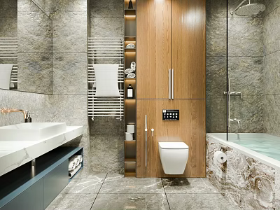Modern Bathroom Interior Design With Marble Walls Wooden Cabinetry Vanity Mirror And Bathtub 3d model