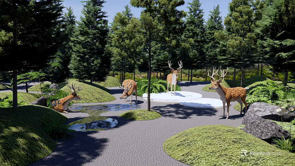 Scenic Park Landscape With Spotted Deer Tall Trees Gravel Path Water Rocks And Lush Grass 3d model 