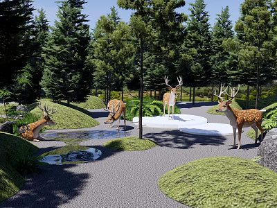 Scenic Park Landscape With Spotted Deer Tall Trees Gravel Path Water Rocks And Lush Grass 3d model