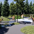 Scenic Park Landscape With Spotted Deer Tall Trees Gravel Path Water Rocks And Lush Grass