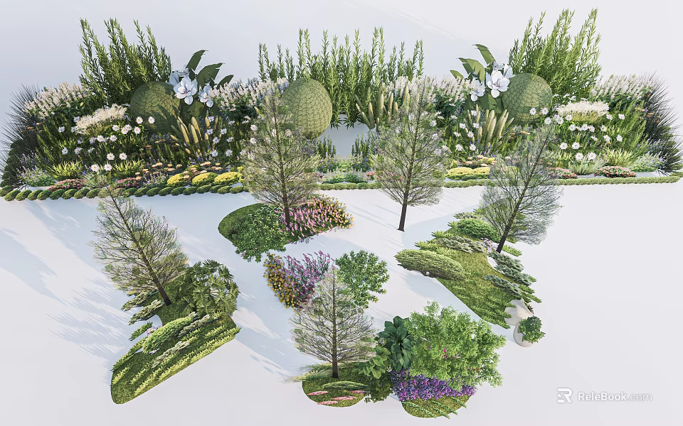 Lush Arbor Trees Garden Design With Various Plants And Flower Beds 3d model 