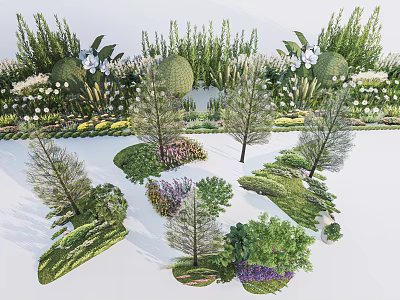 Lush Arbor Trees Garden Design With Various Plants And Flower Beds 3d model