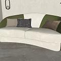 Modern Curved Two Seater Sofa With White Green Upholstery Gray Beige Checkered Pillows Living Room