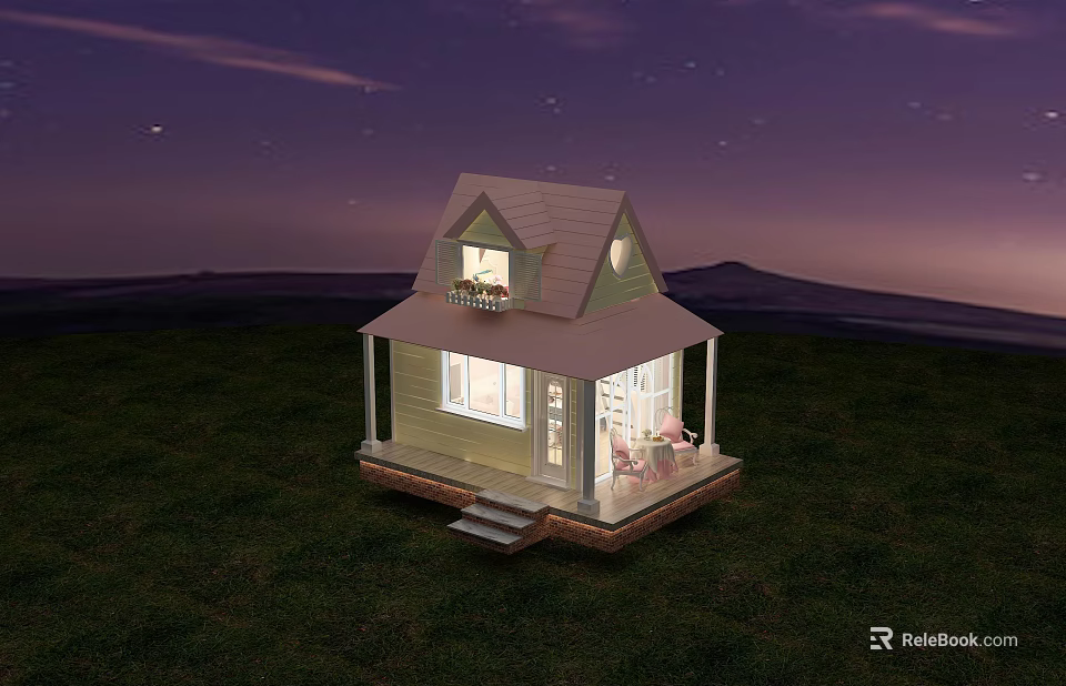 Cozy Guesthouse on Grassland Under Purple Starry Sky With Lit Windows And Porch Seating 3d model 