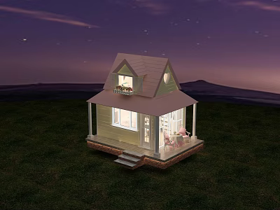 Cozy Guesthouse on Grassland Under Purple Starry Sky With Lit Windows And Porch Seating 3d model