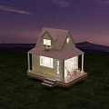 Cozy Guesthouse on Grassland Under Purple Starry Sky With Lit Windows And Porch Seating