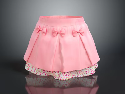 Cute Pink Pleated Skirt With Bow Accents And Floral Lining For Girls 3d model