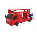 Red Utility Vehicle With Extendable Arm And Blue Working Basket Platform