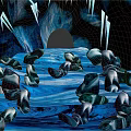 Cartoon Ice Cave Scene with Black Stones Blue Water Surface Icicles and Round Entrance