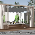 White Pergola with Curved Canopy Green Plants and Wooden Floor in Outdoor Lounge