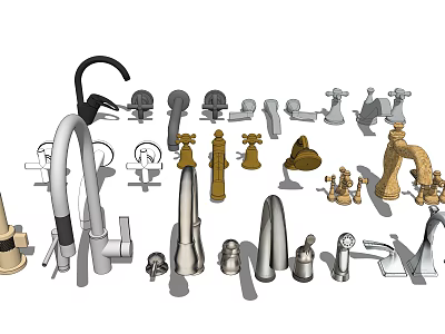 Various Kitchen And Bathroom Faucets In Different Styles And Metallic Finishes 3d model