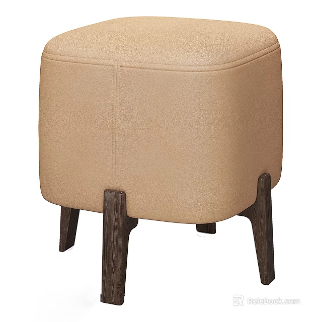 Elegant Beige Upholstered Stool With Modern Wooden Legs And Square Seat 3d model 