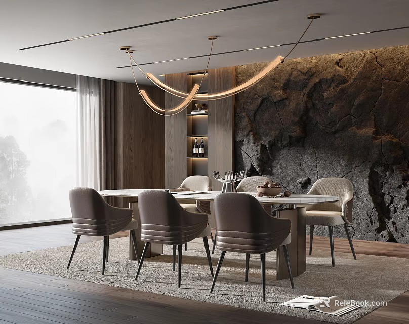 Modern Open Restaurant Interior Featuring Dining Table Chairs Stone Wall Pendant Lights And Large Windows 3d model 