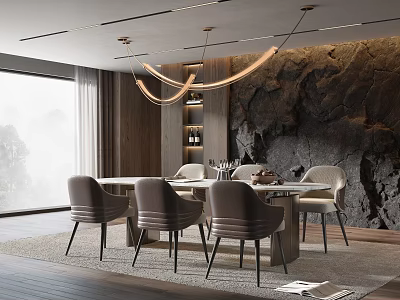 Modern Open Restaurant Interior Featuring Dining Table Chairs Stone Wall Pendant Lights And Large Windows 3d model