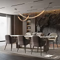 Modern Open Restaurant Interior Featuring Dining Table Chairs Stone Wall Pendant Lights And Large Windows 3d model