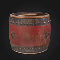 Traditional Red Wooden Drum With Leather Head And Metal Rivets