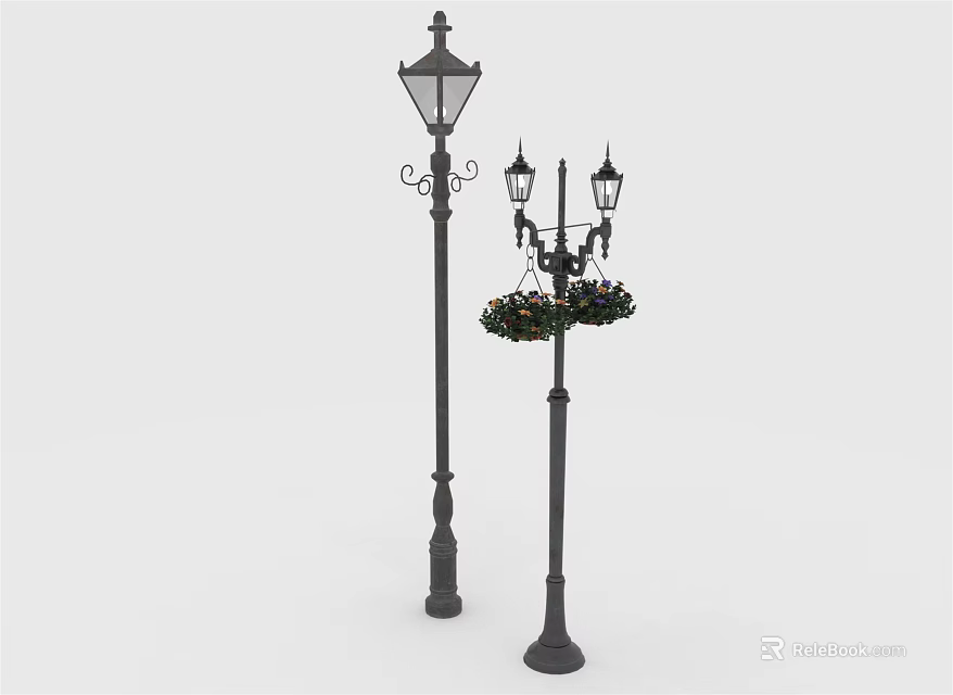 Vintage Outdoor Decorative Lamp Posts With Glass Shades And Flower Baskets 3d model 