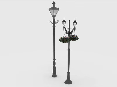 Vintage Outdoor Decorative Lamp Posts With Glass Shades And Flower Baskets 3d model