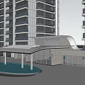 Modern High Rise Residential Buildings by Lake with Trees and Small Boat Reflections