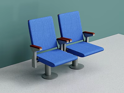 Two Blue Fabric Public Chairs With Wooden Armrests And Metal Frames Against Green Wall 3d model