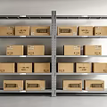 Industrial Metal Storage Shelving Units Holding Stacked Cardboard Boxes With Labels