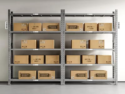 Industrial Metal Storage Shelving Units Holding Stacked Cardboard Boxes With Labels 3d model