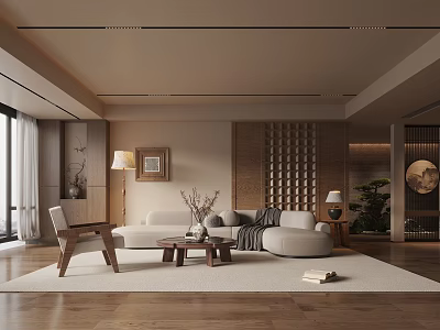 Elegant Modern Living Room Interior With Sofa Coffee Table Rug Floor Lamp And Green Plant 3d model
