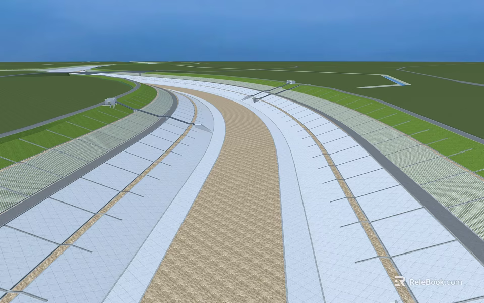 Curved Multi Lane Road Infrastructure With Varied Pavement Curb Stones And Green Belts 3d model 