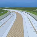 Curved Multi Lane Road Infrastructure With Varied Pavement Curb Stones And Green Belts