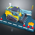Detailed Yellow Bulldozer Miniature Model Scene With Road Traffic Cones And Street Lamp