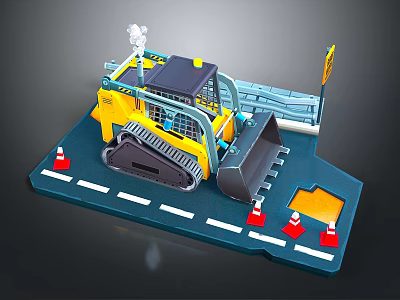 Detailed Yellow Bulldozer Miniature Model Scene With Road Traffic Cones And Street Lamp 3d model