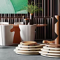 Stylish Table And Chair Set With Green Abstract Painting Golden Chandelier And Dark Wooden Partition