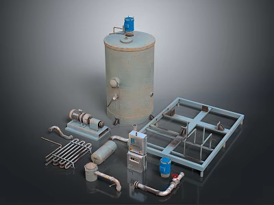Various Industrial Mechanical Components With Tank Pipes Valves Metal Frame And Parts 3d model