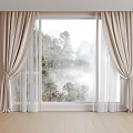 Beige Curtains with Sheer Layers for Window Showing Green Trees Misty View and Wooden Floor