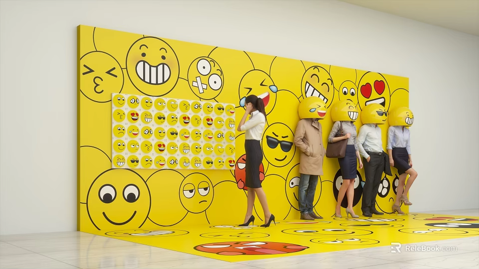 Yellow Event Display Wall With Various Emoji Faces Small Sticker Area And People Taking 3d model 