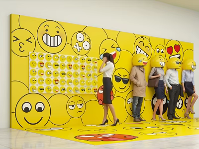 Yellow Event Display Wall With Various Emoji Faces Small Sticker Area And People Taking 3d model
