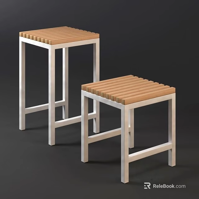 Two Modern Wooden Stools With Striped Seat And Silver Metal Frame 3d model 
